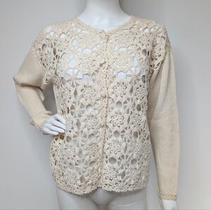 90s Vintage Cream Color Hollow Crochet Doily Lace Front Cardigan Sweater